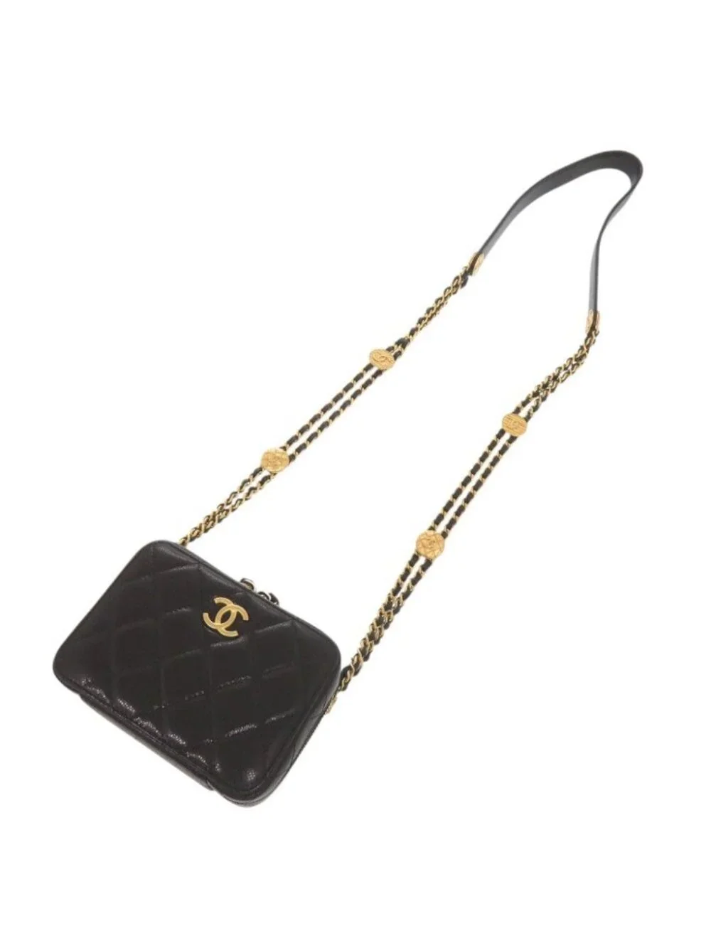 Chanel CC Logo Quilted Mini Camera Bag Caviar Leather Black Gold Chain